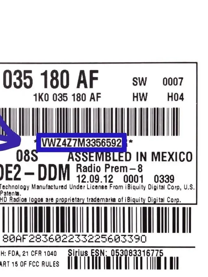 VW radio serial number on label