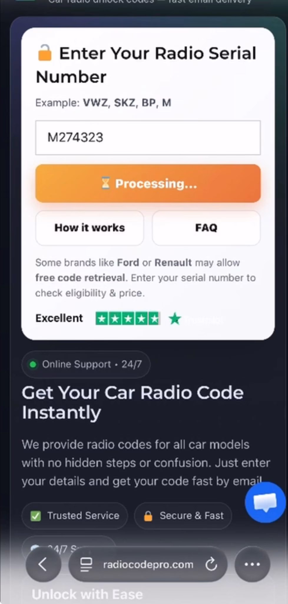 Example: Ford radio serial number M274323 on screen