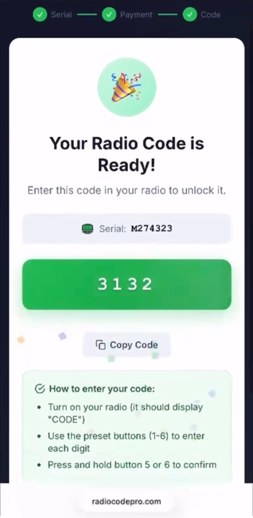 Example: Ford radio code received after payment