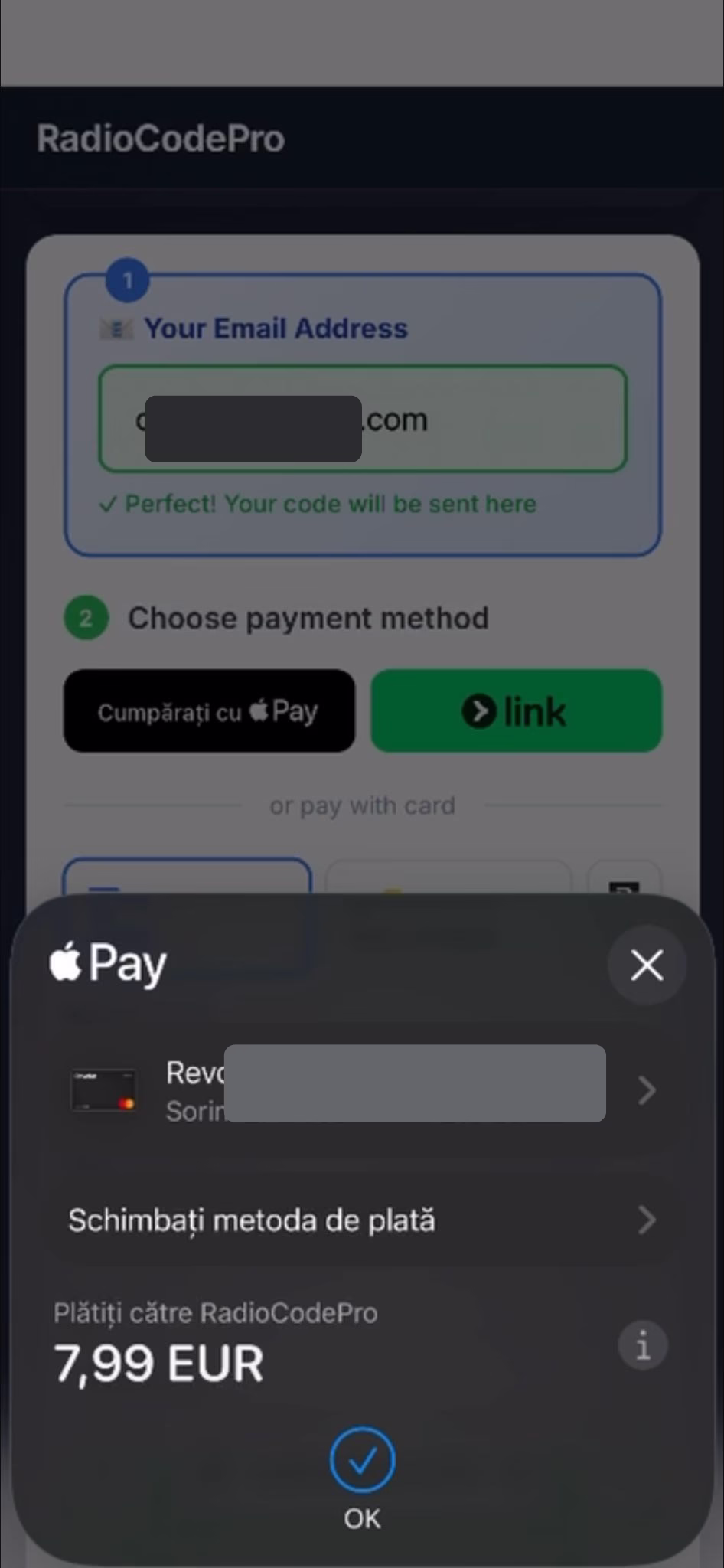 Example: Apple Pay transaction accepted for Ford radio code